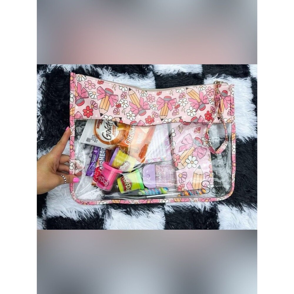 Teacher Gift Clear Travel Bag Large Pink Organizer Pouch Makeup Snack Essentials